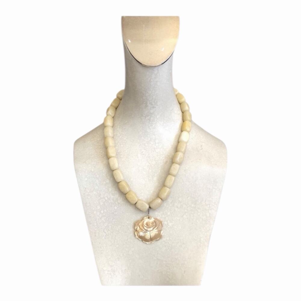 Neutral Beaded Necklace Carved Rose Pendant Taupe Ivory Chic Statement Necklace